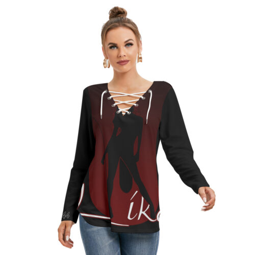 Women's Long Sleeve Neckline Tie Sweatshirt - 2GS - BLK