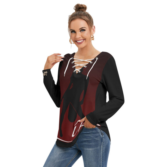 Women's Long Sleeve Neckline Tie Sweatshirt - 2GS - BLK - Image 3