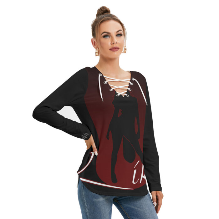 Women's Long Sleeve Neckline Tie Sweatshirt - 2GS - BLK - Image 2