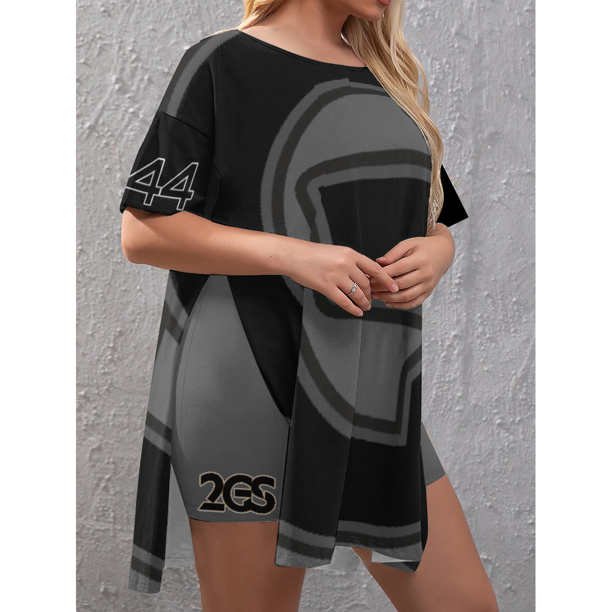 Drop-Shoulder T-Shirt with Side Split and Shorts (Plus Size) (2GS) GRY - Image 3