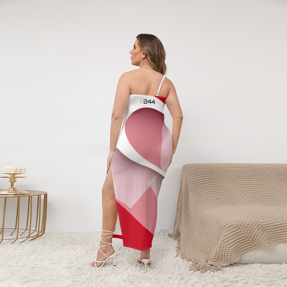 Oblique-Shoulder Exposure Dress With Side Split (Plus Size) – (2GS) MOON/RD - Image 4