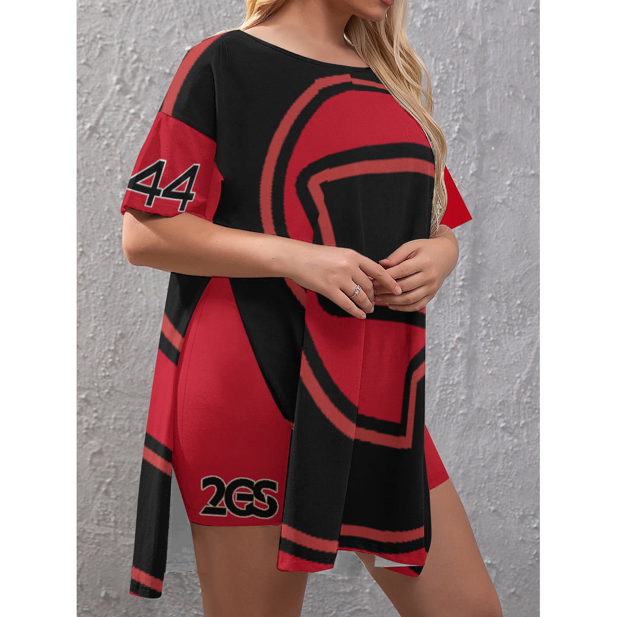 Drop-Shoulder T-Shirt with Side Split and Shorts (Plus Size) (2GS) RD - Image 3