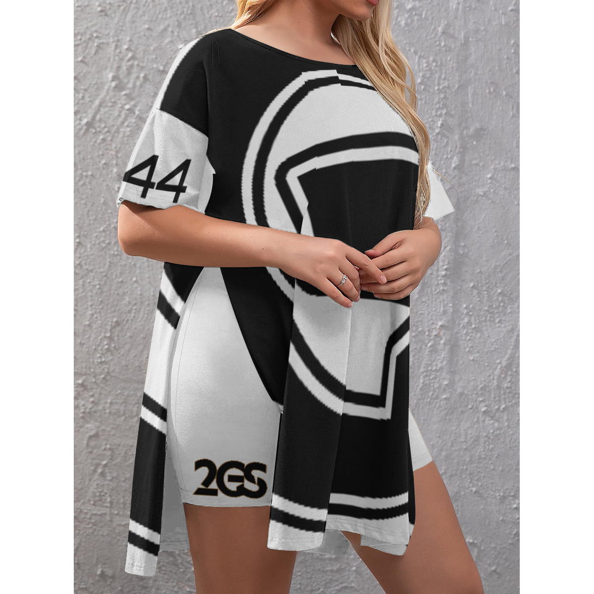 Drop-Shoulder T-Shirt with Side Split and Shorts (Plus Size) (2GS) WHT - Image 3