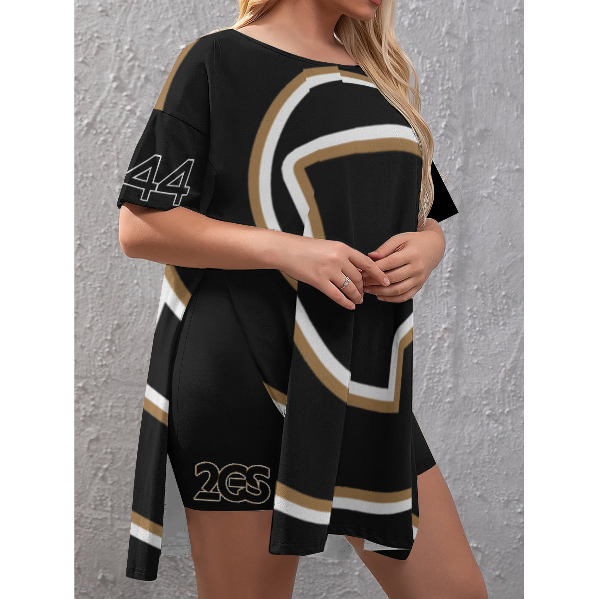 Drop-Shoulder T-Shirt with Side Split and Shorts (Plus Size) (2GS)BLK - Image 3