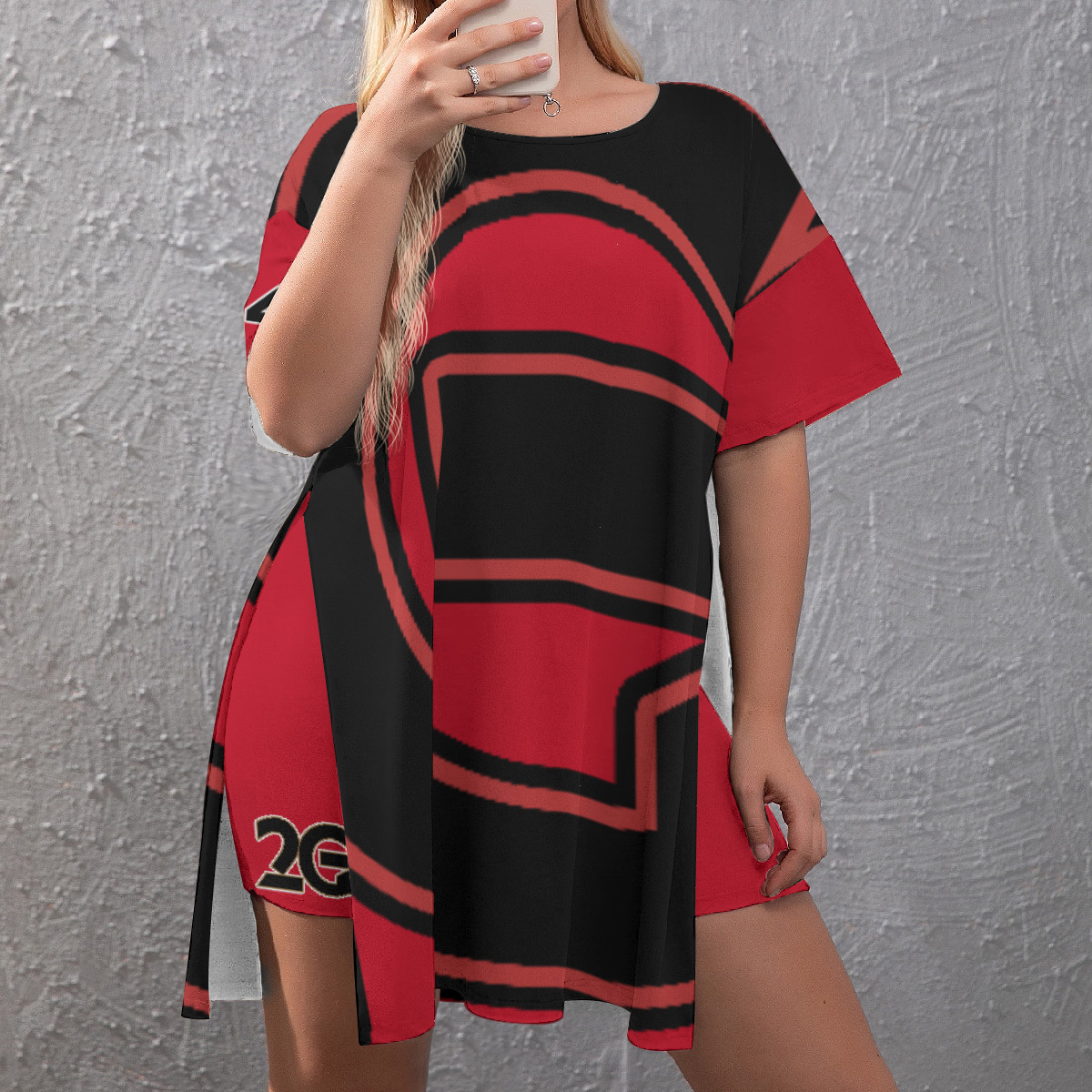 Drop-Shoulder T-Shirt with Side Split and Shorts (Plus Size) (2GS) RD - Image 2