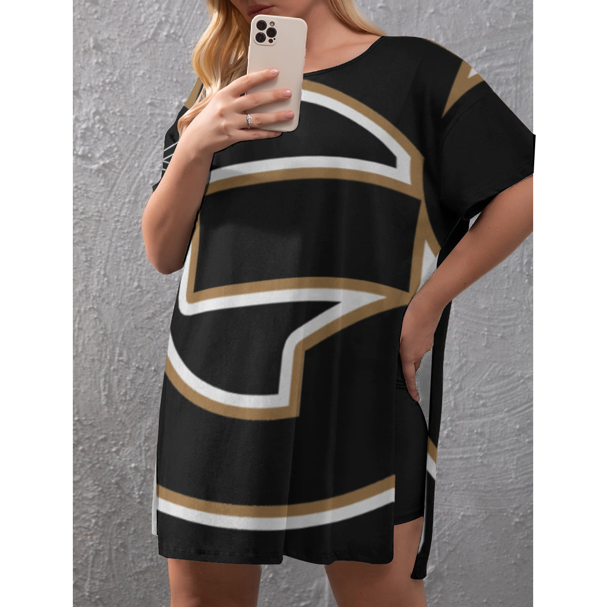 Drop-Shoulder T-Shirt with Side Split and Shorts (Plus Size) (2GS)BLK - Image 4