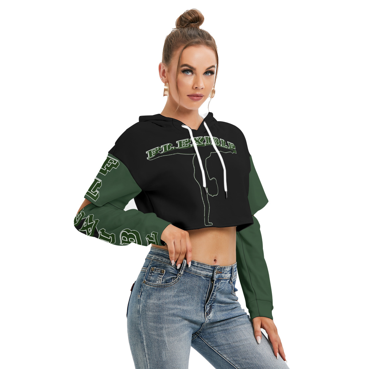 Heavy Fleece Hoodie With Hollow Out Sleeve (2GS-FLEXIBLE) FOREST/BLK - Image 2