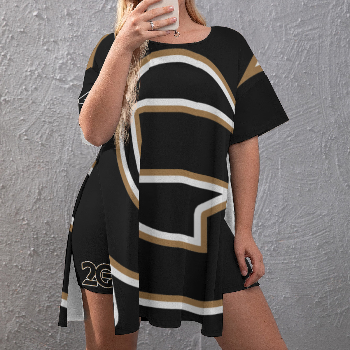 Drop-Shoulder T-Shirt with Side Split and Shorts (Plus Size) (2GS)BLK