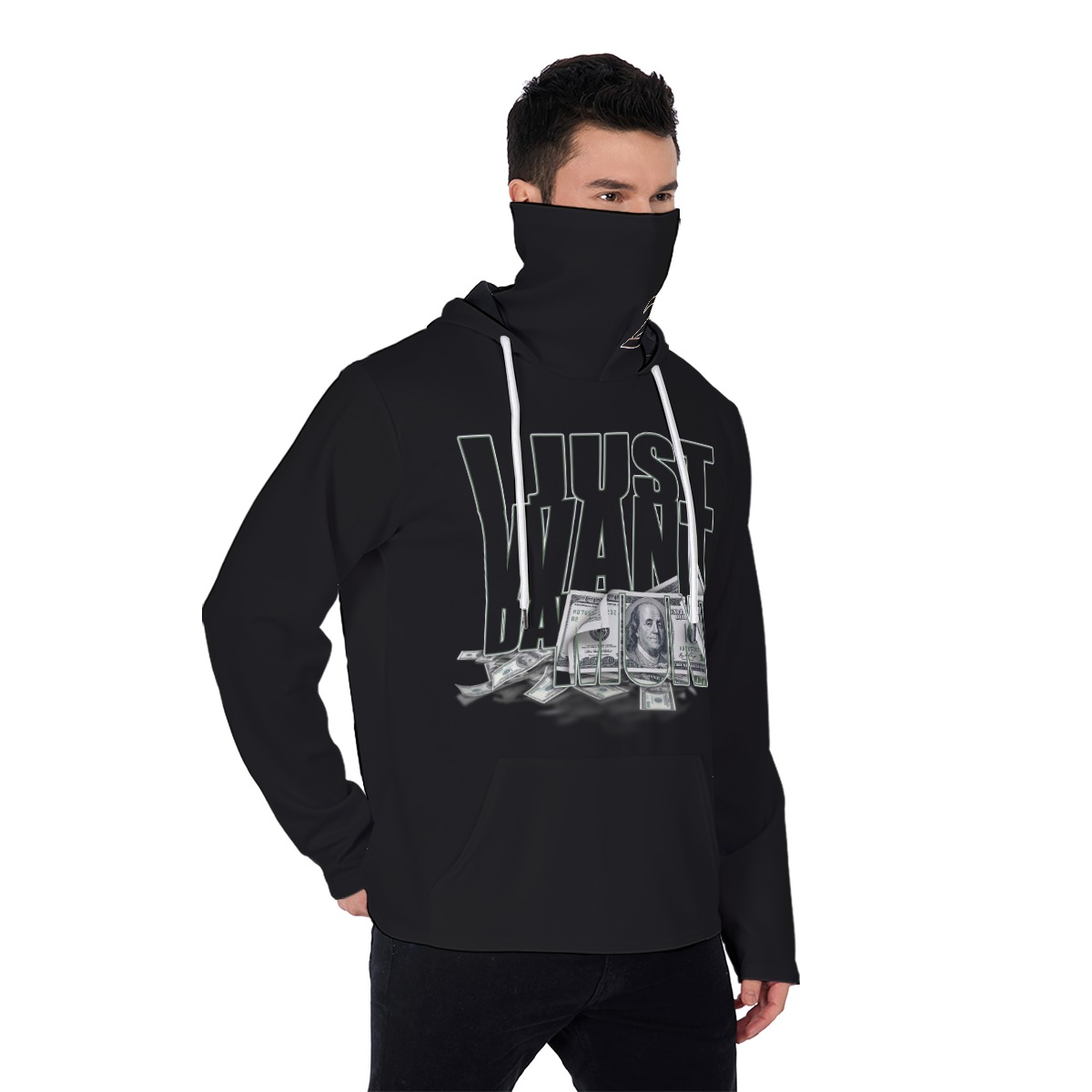 Men's Heavy Fleece Hoodie With Mask - MONEY BLK - Image 2