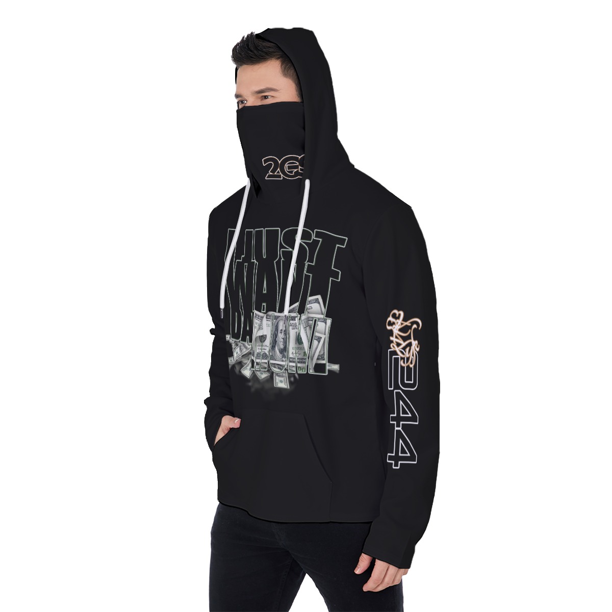 Men's Heavy Fleece Hoodie With Mask - MONEY BLK - Image 3