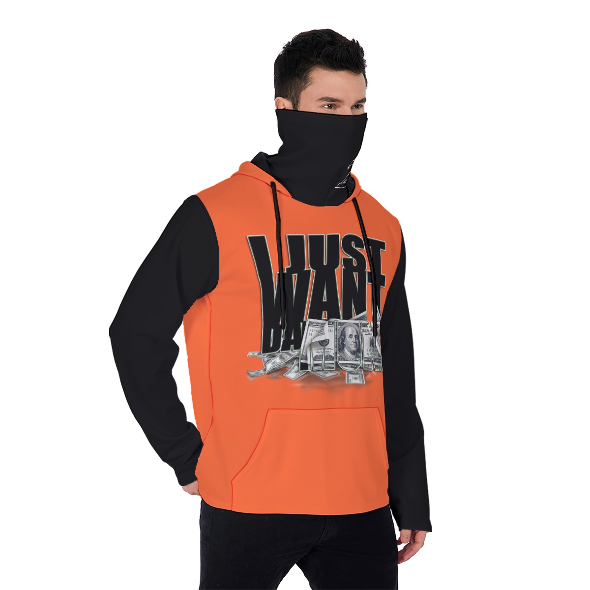 Men's Heavy Fleece Hoodie With Mask - MONEY ORG/BLK - Image 2