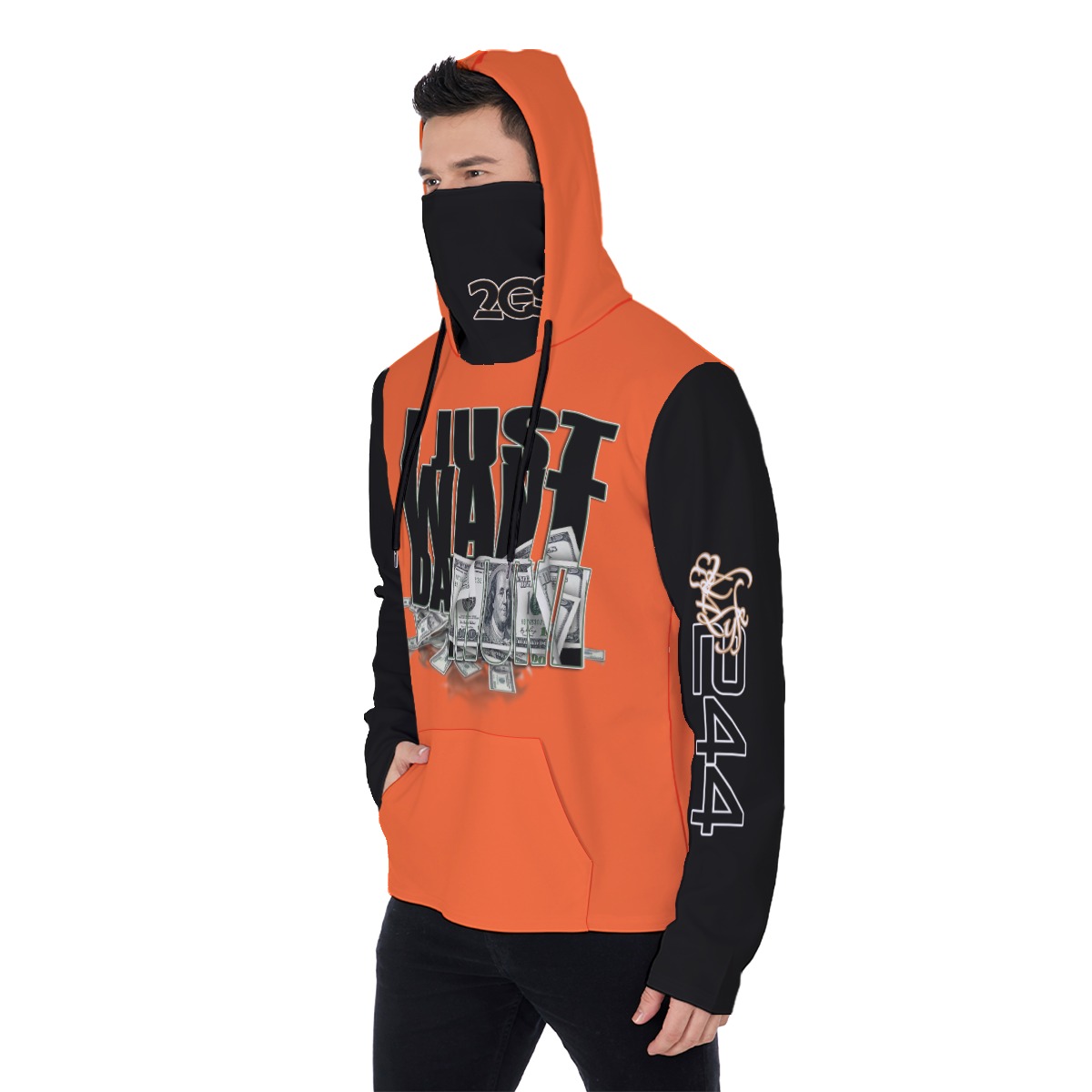 Men's Heavy Fleece Hoodie With Mask - MONEY ORG/BLK - Image 3