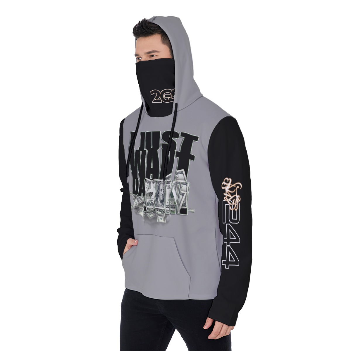 Men's Heavy Fleece Hoodie With Mask - MONEY GRY/BLK - Image 3