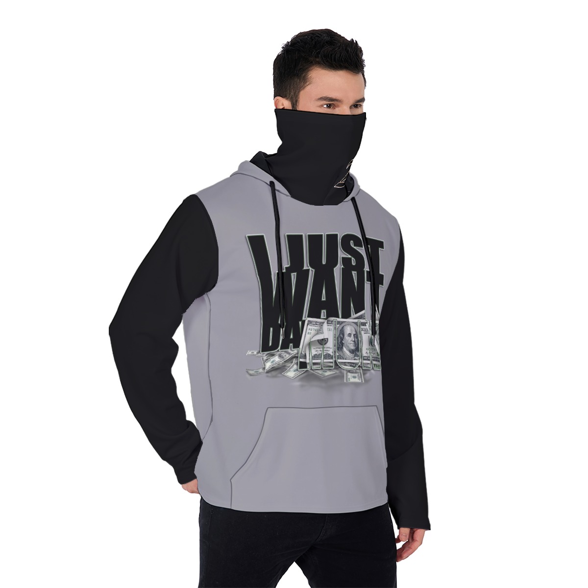 Men's Heavy Fleece Hoodie With Mask - MONEY GRY/BLK - Image 2
